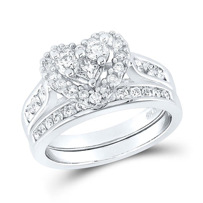 14k White Gold Princess Diamond Heart Bridal Wedding Ring Set 1 Cttw