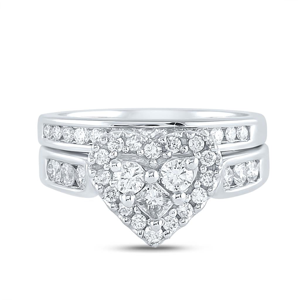 14k White Gold Princess Diamond Heart Bridal Wedding Ring Set 1 Cttw