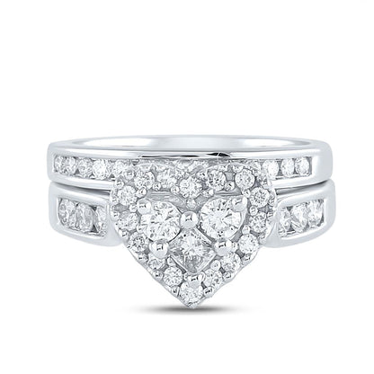 14k White Gold Princess Diamond Heart Bridal Wedding Ring Set 1 Cttw