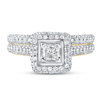 14k Yellow Gold Princess Diamond Halo Bridal Wedding Ring Set 1-1/4 Cttw (Certified)