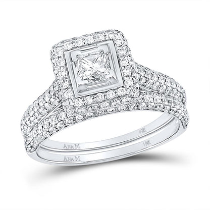 14k White Gold Princess Diamond Halo Bridal Wedding Ring Set 1-1/4 Cttw (Certified)