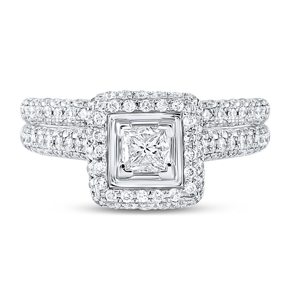 14k White Gold Princess Diamond Halo Bridal Wedding Ring Set 1-1/4 Cttw (Certified)