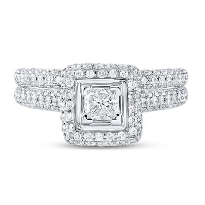 14k White Gold Princess Diamond Halo Bridal Wedding Ring Set 1-1/4 Cttw (Certified)