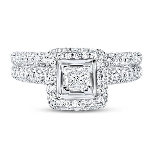 14k White Gold Princess Diamond Halo Bridal Wedding Ring Set 1-1/4 Cttw (Certified)