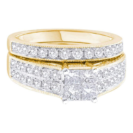 14k Yellow Gold Princess Diamond Bridal Wedding Ring Set 1-1/2 Cttw