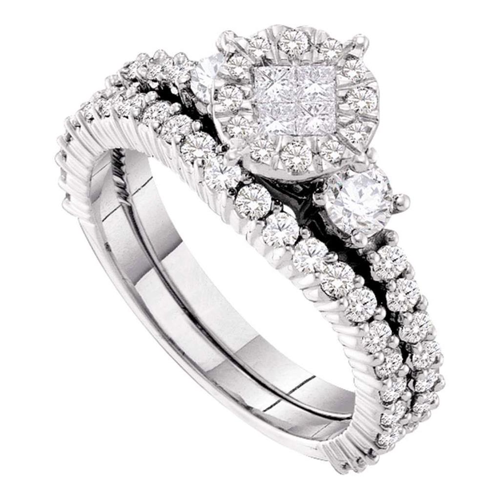 14k White Gold Princess Round Diamond Bridal Wedding Ring Set 1-3/8 Cttw