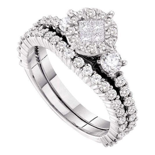 14k White Gold Princess Round Diamond Bridal Wedding Ring Set 1-3/8 Cttw