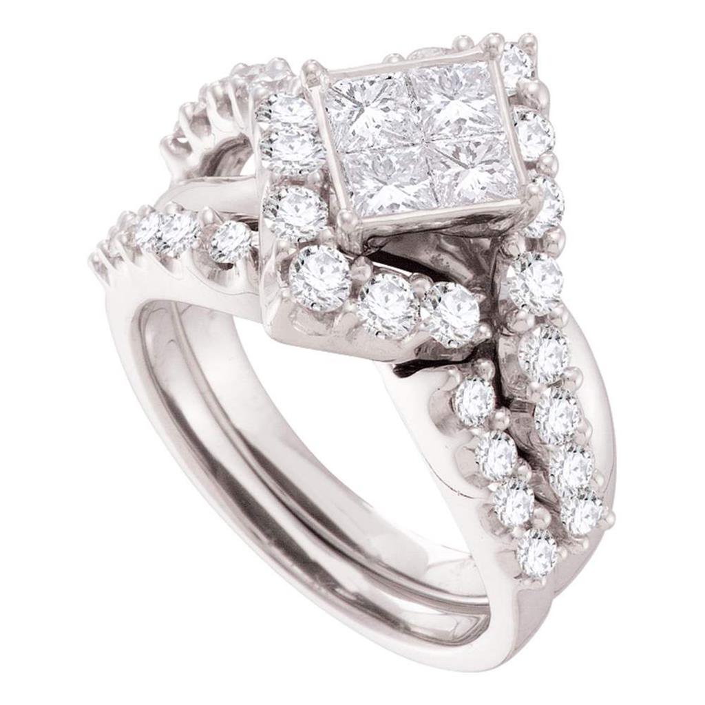 14k White Gold Princess Invisible-set Diamond Wedding Bridal Ring Set 2.05 Cttw