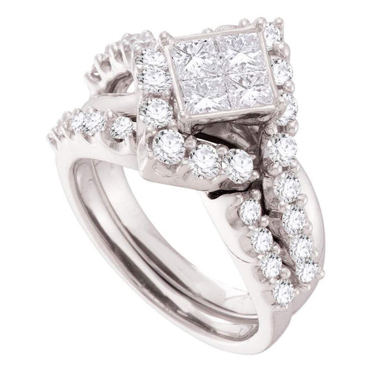 14k White Gold Princess Invisible-set Diamond Wedding Bridal Ring Set 2.05 Cttw