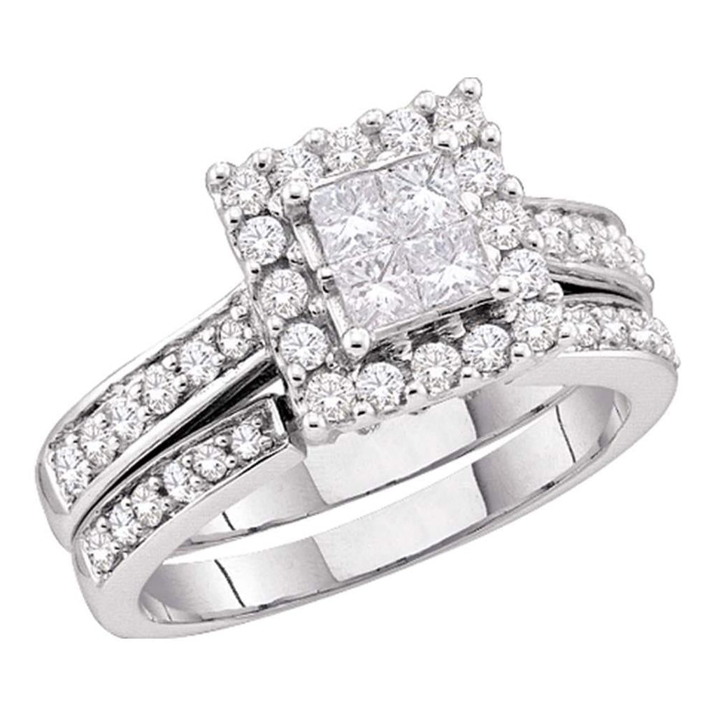 14k White Gold Princess Diamond Halo Bridal Wedding Ring Set 1-1/2 Cttw