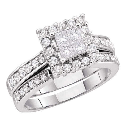 14k White Gold Princess Diamond Halo Bridal Wedding Ring Set 1-1/2 Cttw