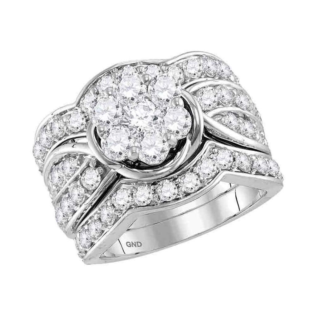 14k White Gold Round Diamond Cluster Bridal Wedding Ring Set 3 Cttw