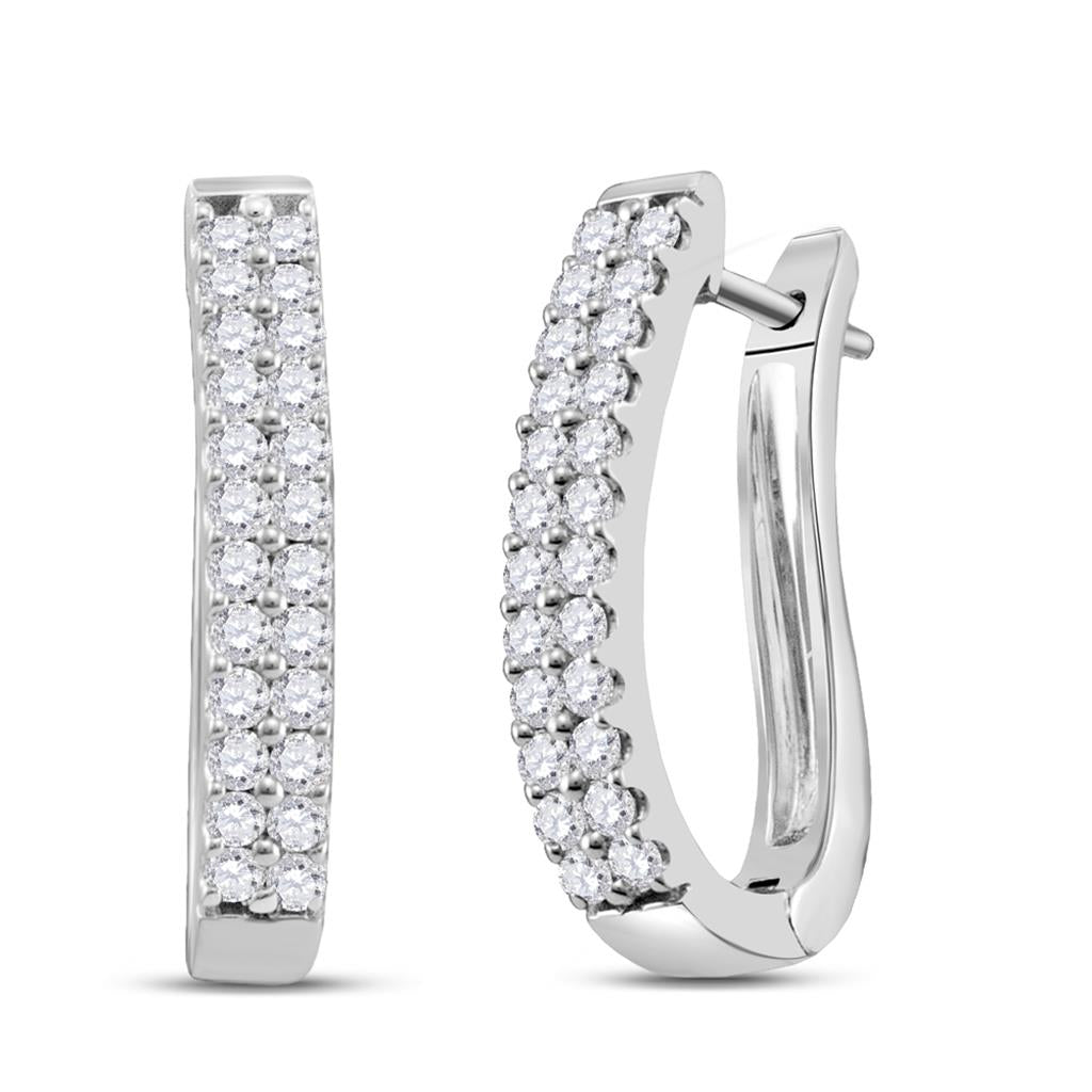 14k White Gold Round Diamond 2-row Oblong Hoop Earrings 1 Cttw
