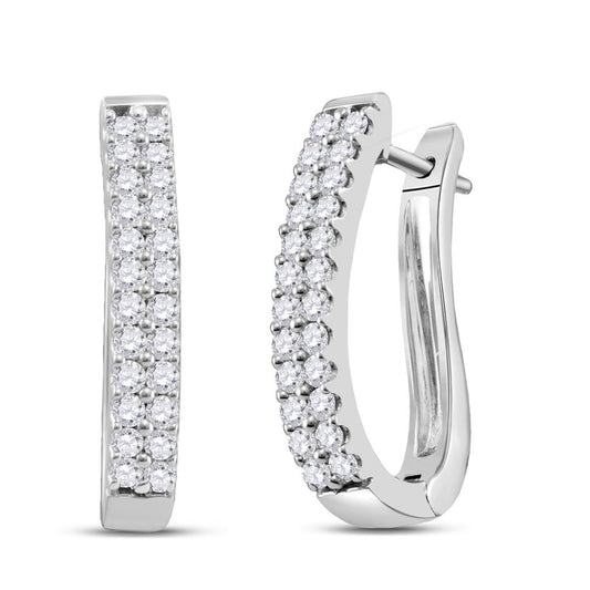 14k White Gold Round Diamond 2-row Oblong Hoop Earrings 1 Cttw