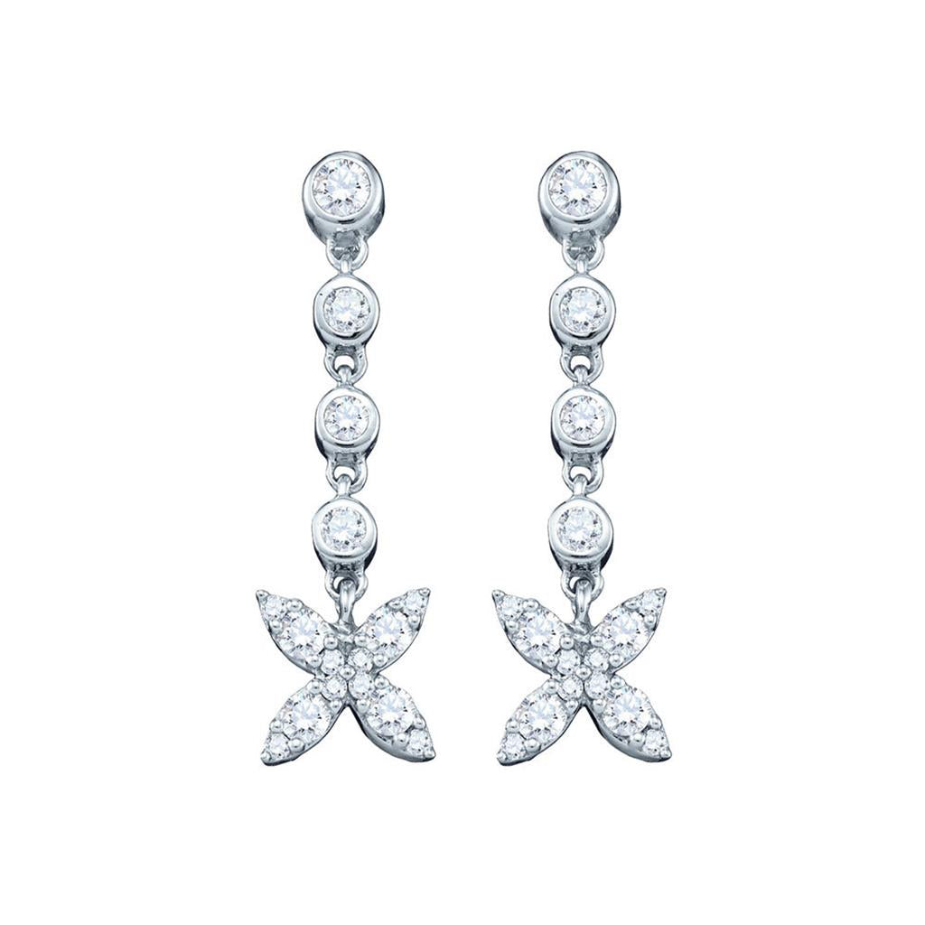 14k White Gold Round Diamond Flower Cluster Dangle Earrings 3/4 Cttw