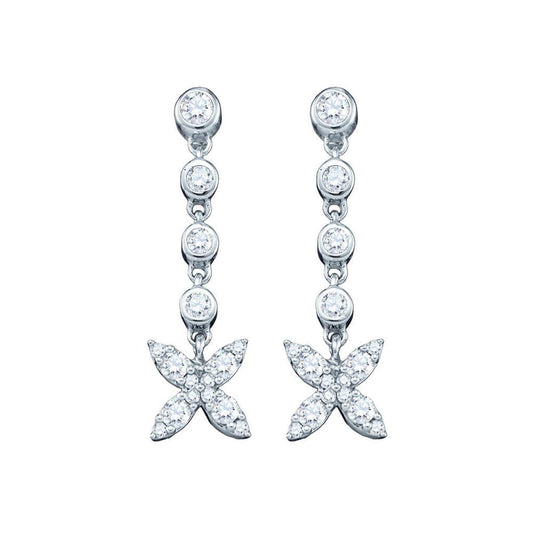 14k White Gold Round Diamond Flower Cluster Dangle Earrings 3/4 Cttw
