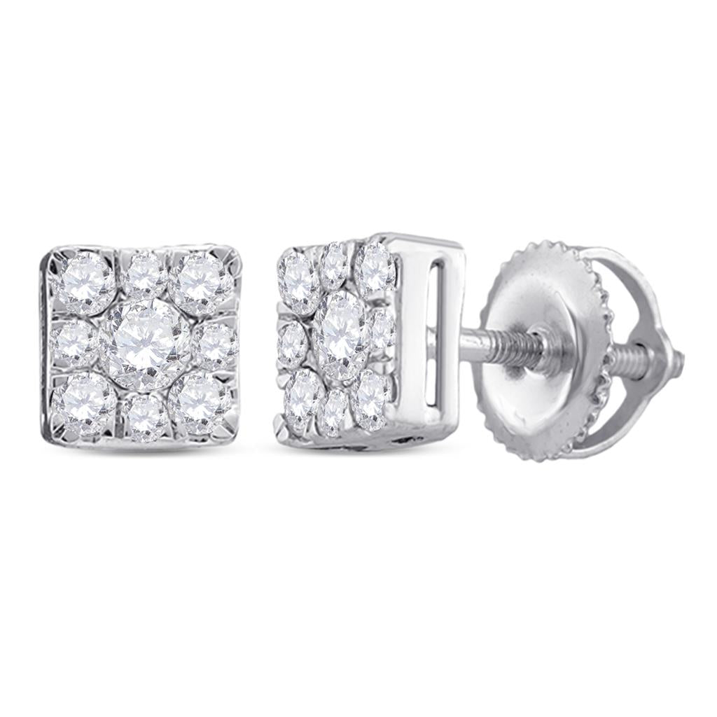 14kt White Gold Round Diamond Square Cluster Stud Earrings 1/2 Cttw