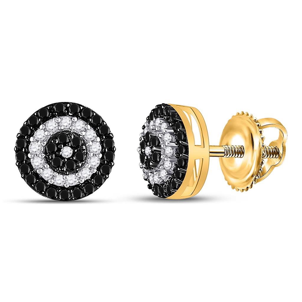 10k Yellow Gold Round Black Diamond Cluster Earrings 1/4 Cttw