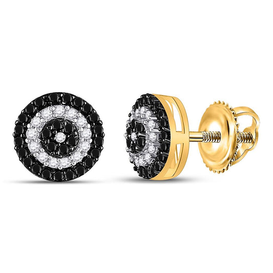 10k Yellow Gold Round Black Diamond Cluster Earrings 1/4 Cttw
