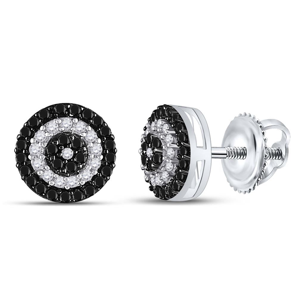 14k White Gold Round Black Diamond Circle Cluster Earrings 1/4 Cttw