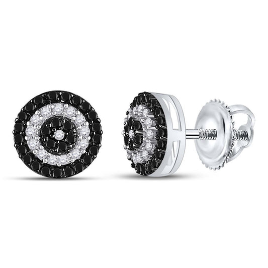 14k White Gold Round Black Diamond Circle Cluster Earrings 1/4 Cttw