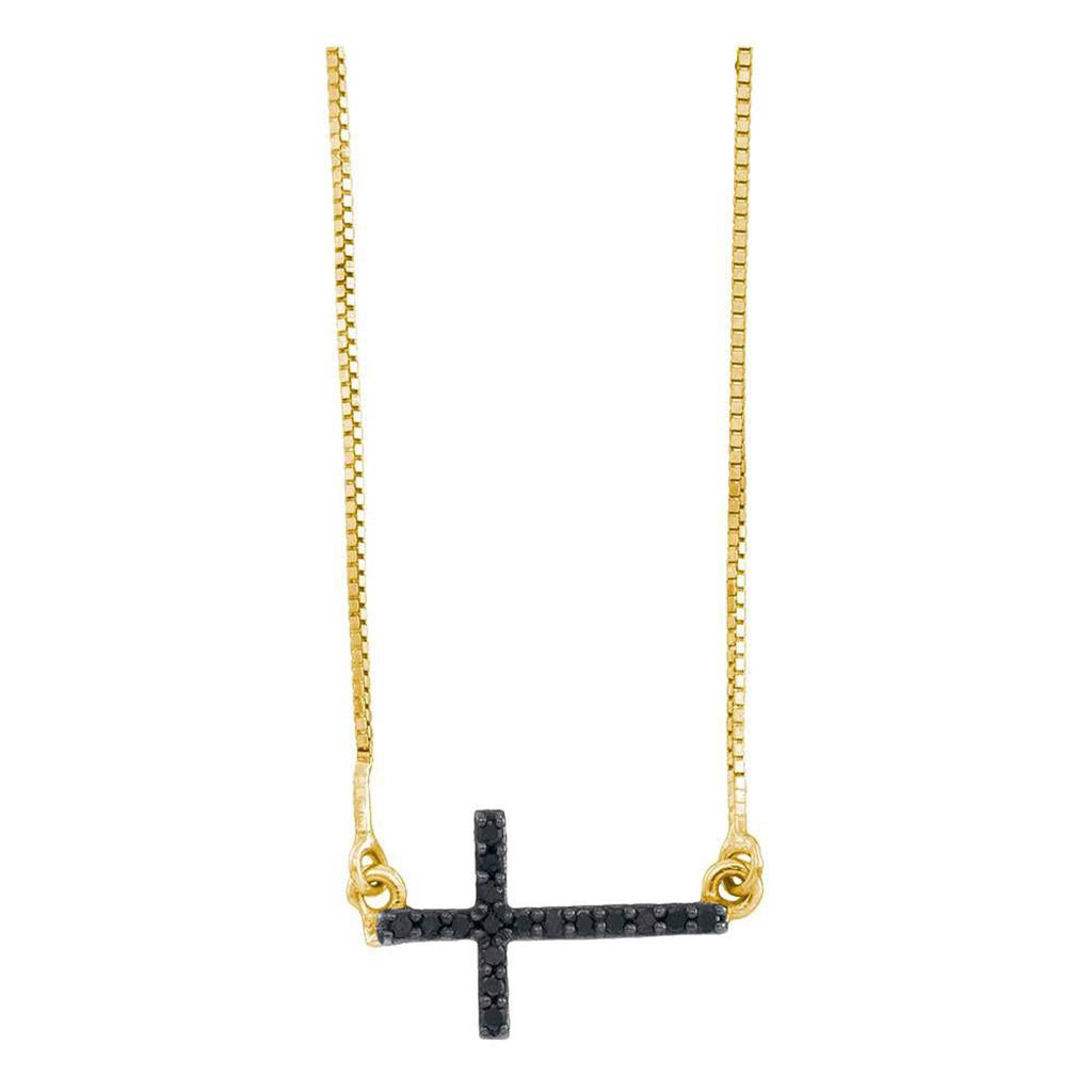10k Yellow Gold Round Black Diamond Horizontal Cross Necklace 1/10 Cttw