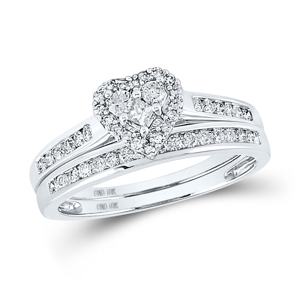 14k White Gold Diamond Heart Bridal Engagement Ring Set 1/2 Cttw Size 6