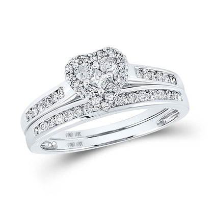 14k White Gold Diamond Heart Bridal Engagement Ring Set 1/2 Cttw Size 6