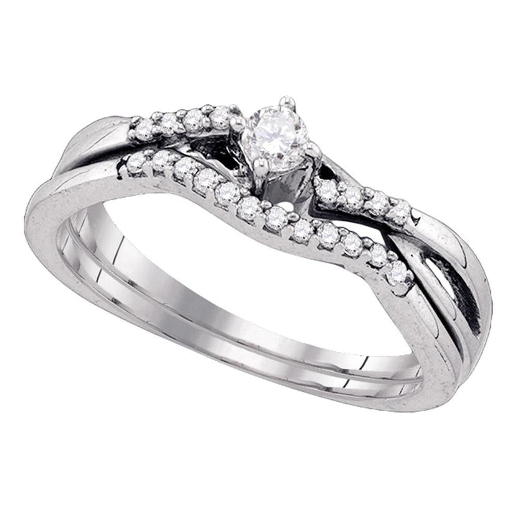 14k White Gold Round Diamond Bridal Wedding Ring Set 1/8 Cttw
