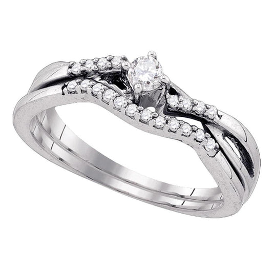 14k White Gold Round Diamond Bridal Wedding Ring Set 1/8 Cttw