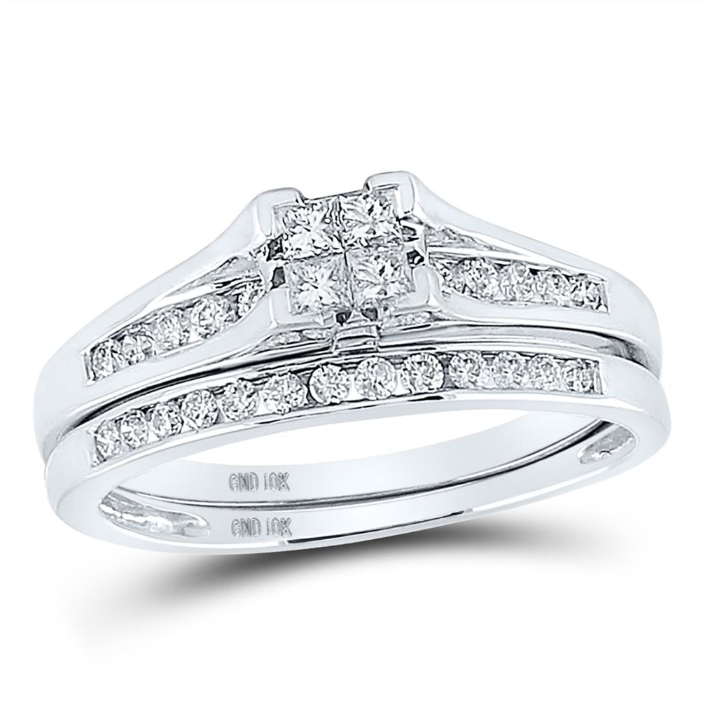14k White Gold Princess Diamond Bridal Wedding Ring Set 1/2 Cttw