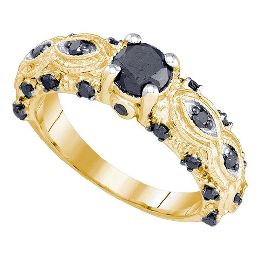 10k Yellow Gold Round Black Diamond Solitaire Bridal Ring 1 Cttw