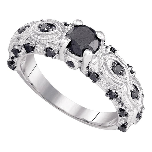 14k White Gold Round Black Diamond Solitaire Bridal Ring 1 Cttw
