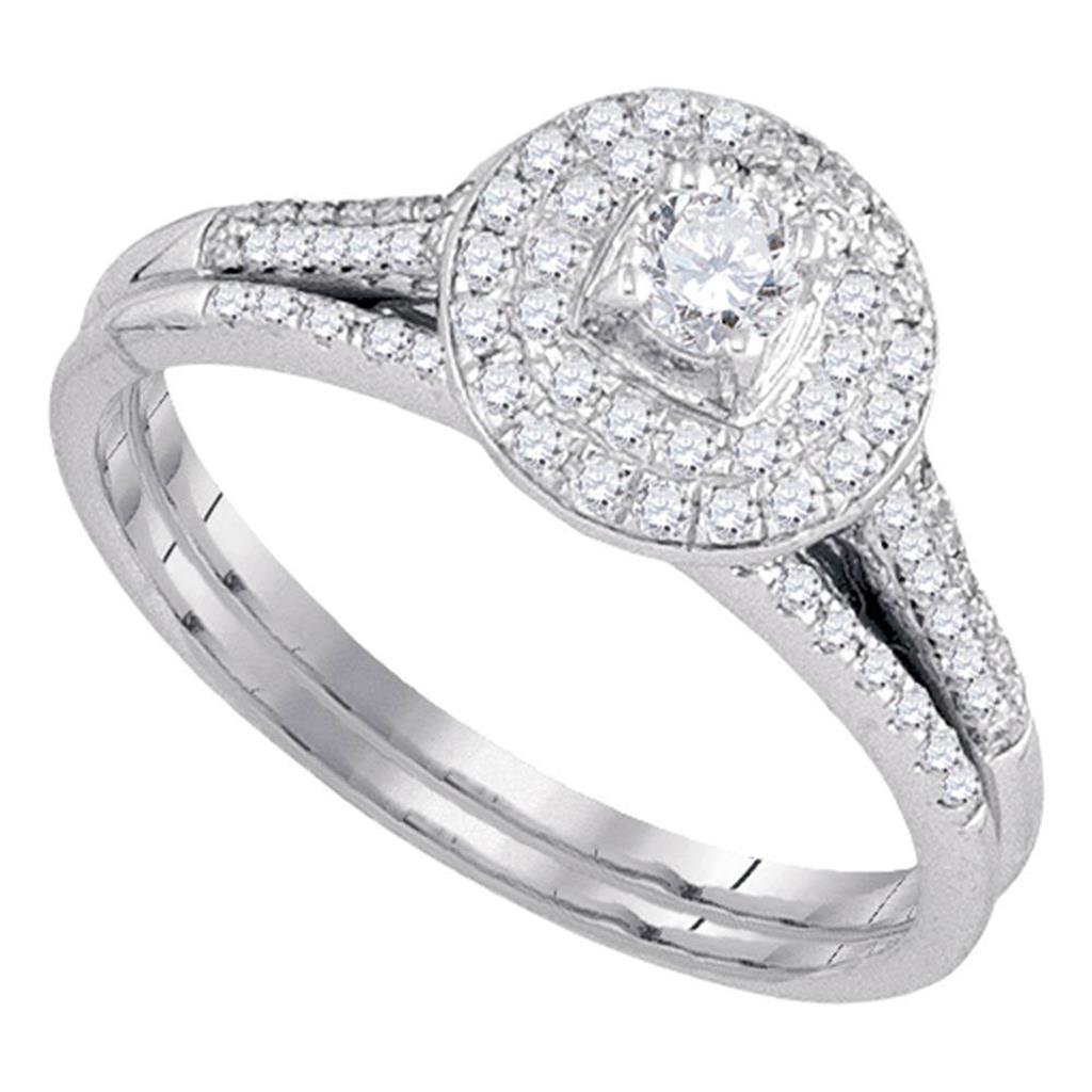 14k White Gold Round Diamond Halo Bridal Wedding Ring Set 1/2 Cttw
