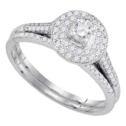 14k White Gold Round Diamond Halo Bridal Wedding Ring Set 1/2 Cttw