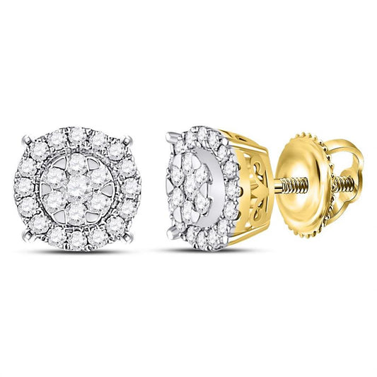 14k Yellow Gold Round Diamond Halo Cluster Earrings 1/4 Cttw