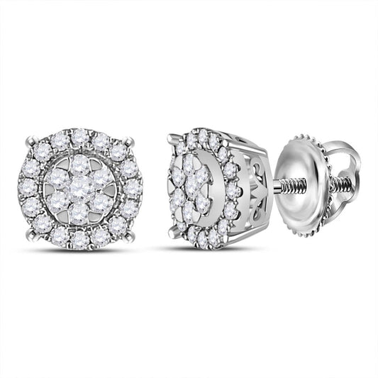 14k White Gold Round Diamond Circle Halo Cluster Earrings 1/4 Cttw