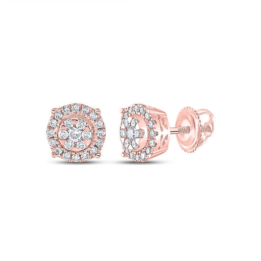14k Rose Gold Round Diamond Halo Cluster Earrings 1/4 Cttw
