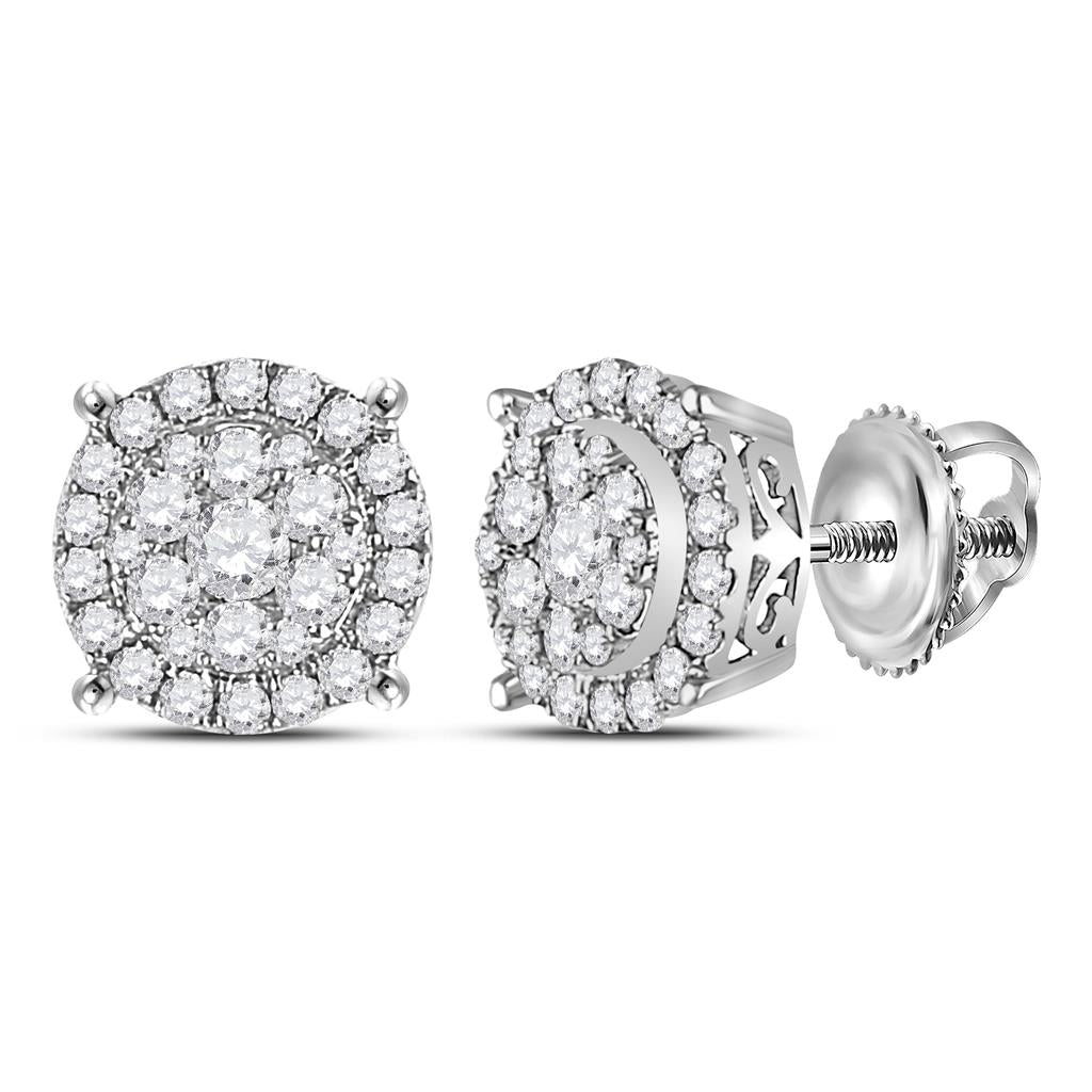 14k White Gold Round Diamond Circle Cluster Earrings 1/2 Cttw