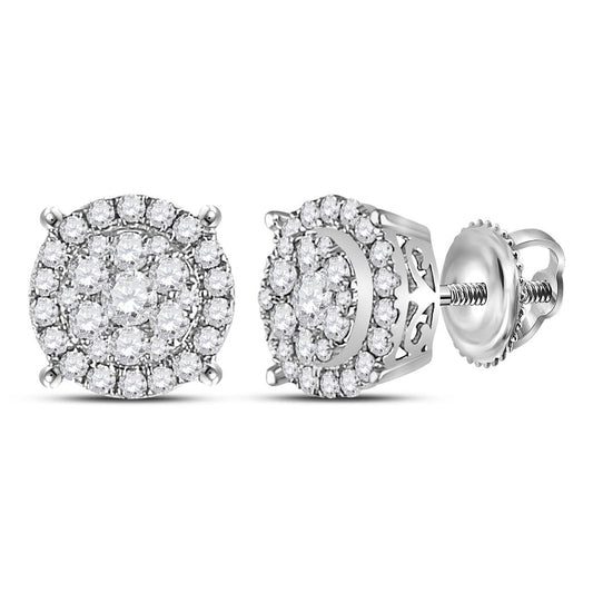 14k White Gold Round Diamond Circle Cluster Earrings 1/2 Cttw