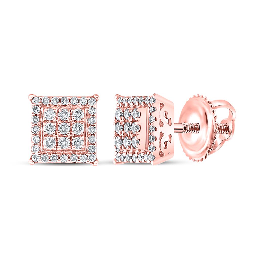 14k Rose Gold Round Diamond Square Cluster Earrings 1/4 Cttw