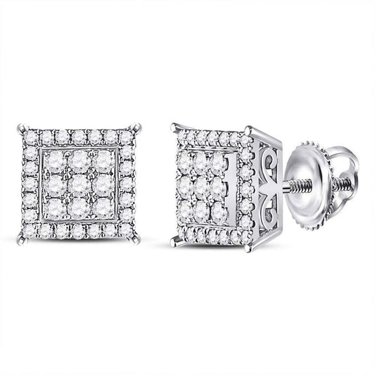 14k White Gold Round Diamond Square Cluster Earrings 1/2 Cttw