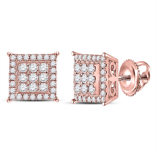 14k Rose Gold Round Diamond Square Cluster Earrings 1/2 Cttw