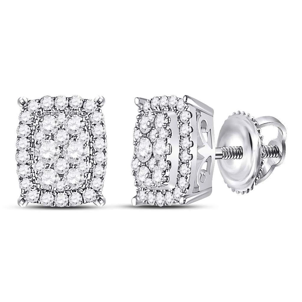 14k White Gold Round Diamond Rectangular Cluster Earrings 1/2 Cttw