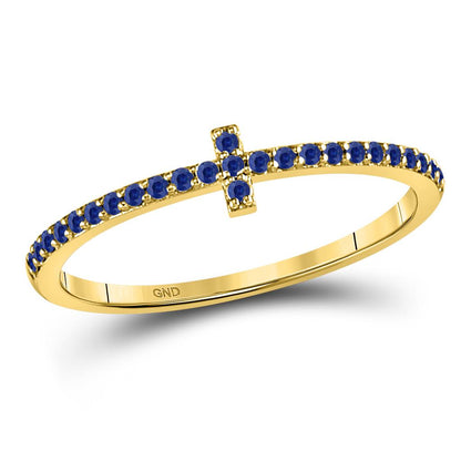 10k Yellow Gold Round Blue Sapphire Cross Stackable Band Ring 1/6 Cttw