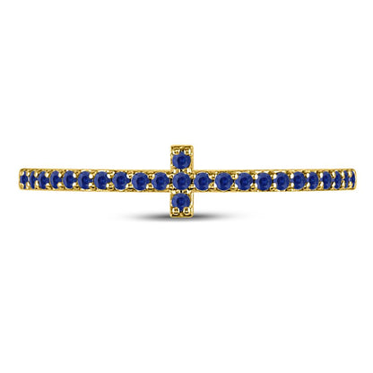 10k Yellow Gold Round Blue Sapphire Cross Stackable Band Ring 1/6 Cttw