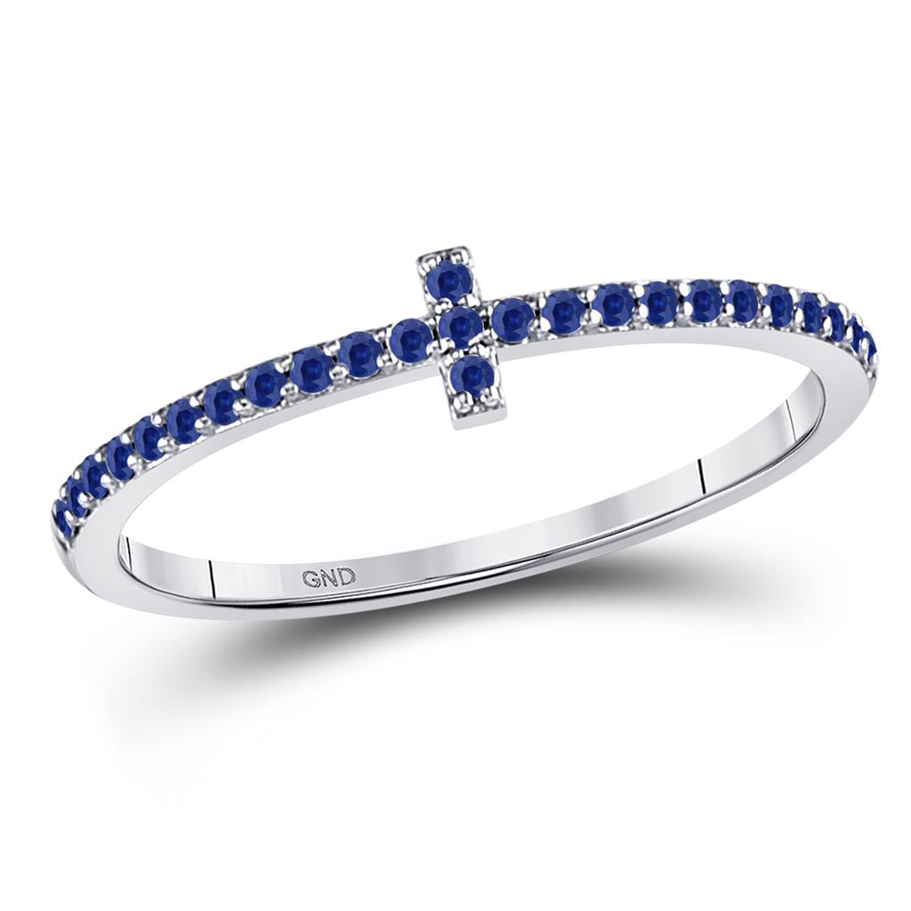 14k White Gold Round Blue Sapphire Cross Stackable Band Ring 1/6 Cttw