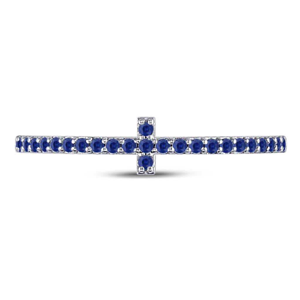 14k White Gold Round Blue Sapphire Cross Stackable Band Ring 1/6 Cttw
