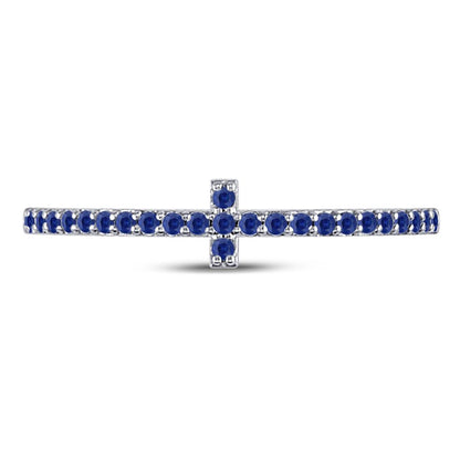 14k White Gold Round Blue Sapphire Cross Stackable Band Ring 1/6 Cttw