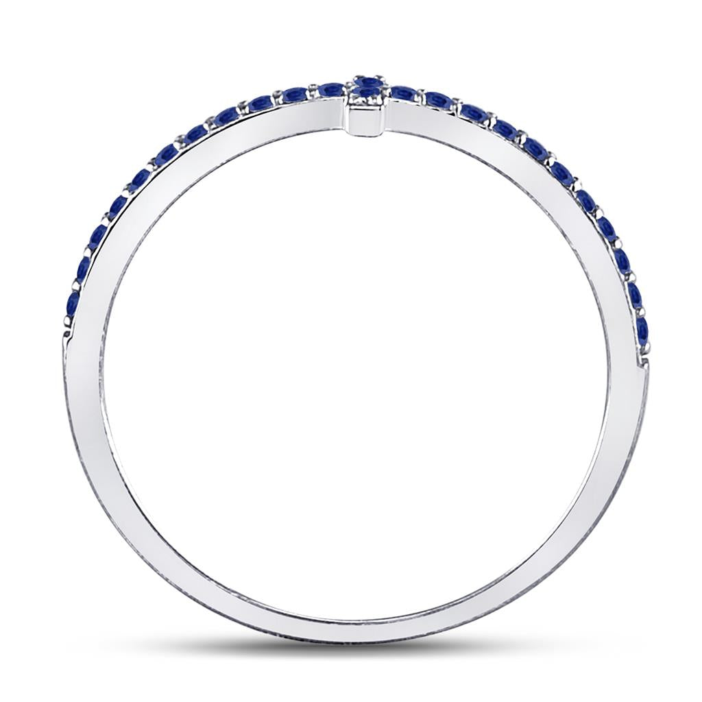 14k White Gold Round Blue Sapphire Cross Stackable Band Ring 1/6 Cttw